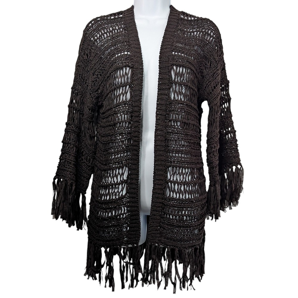 Asos Womens XS Oversized Open Knit Fringe Cardigan Brown Black Boho 90s Grunge
